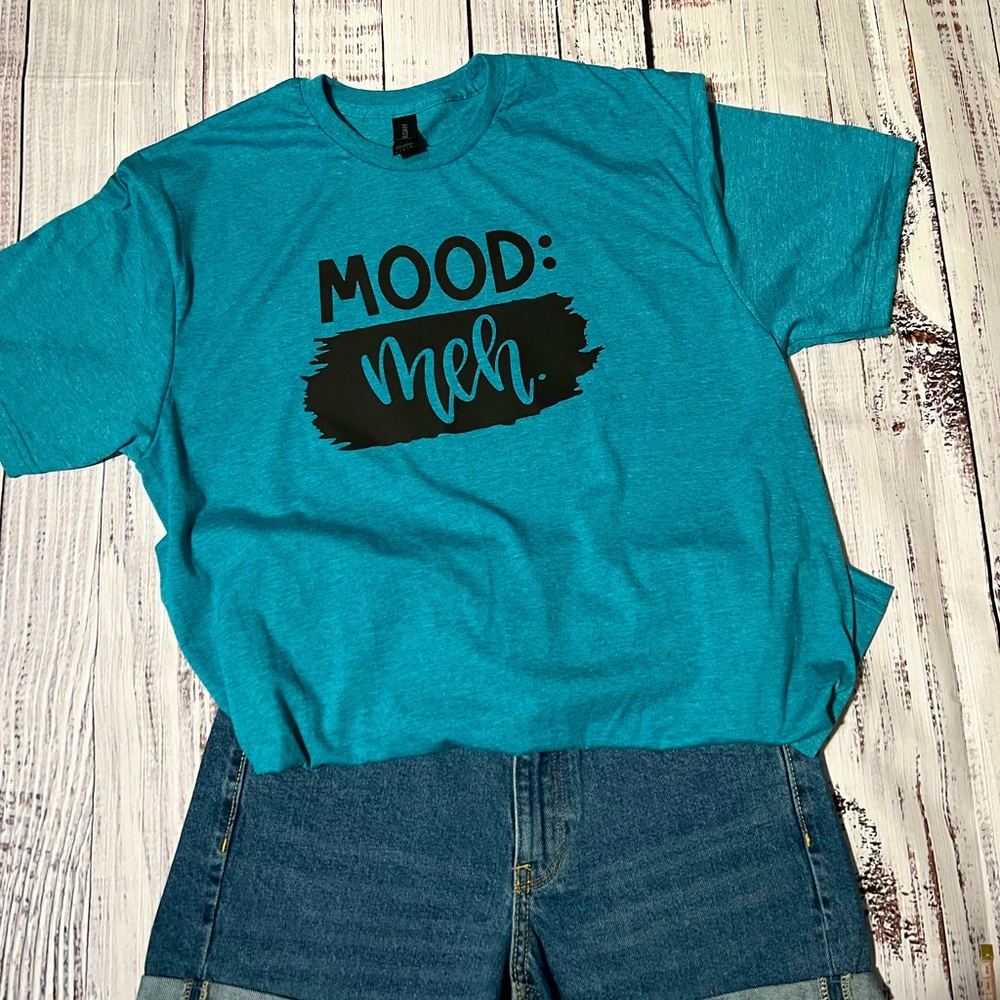 Funny graphic tee, Heather Galapagos Blue, Large, Mood: Meh